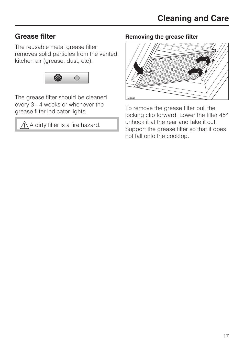 Grease filter 17, Cleaning and care | Miele DA 424 V User Manual | Page 17 / 36