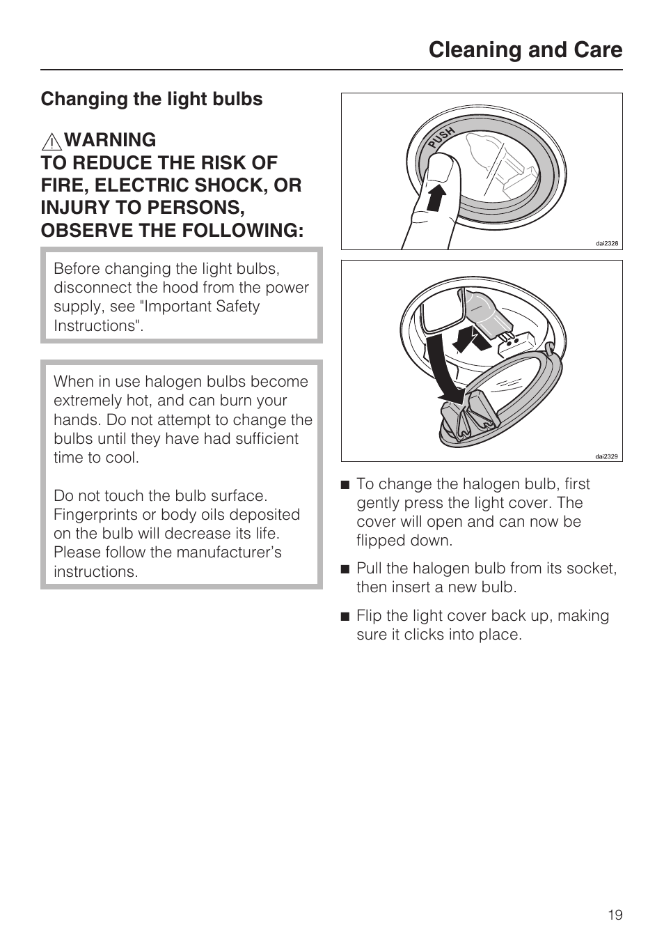 Changing the light bulbs 19, Cleaning and care | Miele DA 424 V User Manual | Page 19 / 36