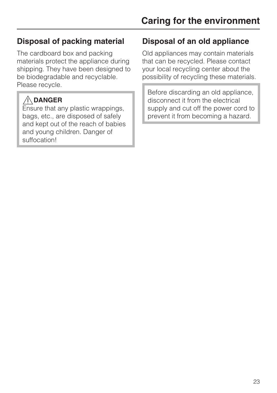 Caring for the environment 23, Caring for the environment | Miele DA 424 V User Manual | Page 23 / 36