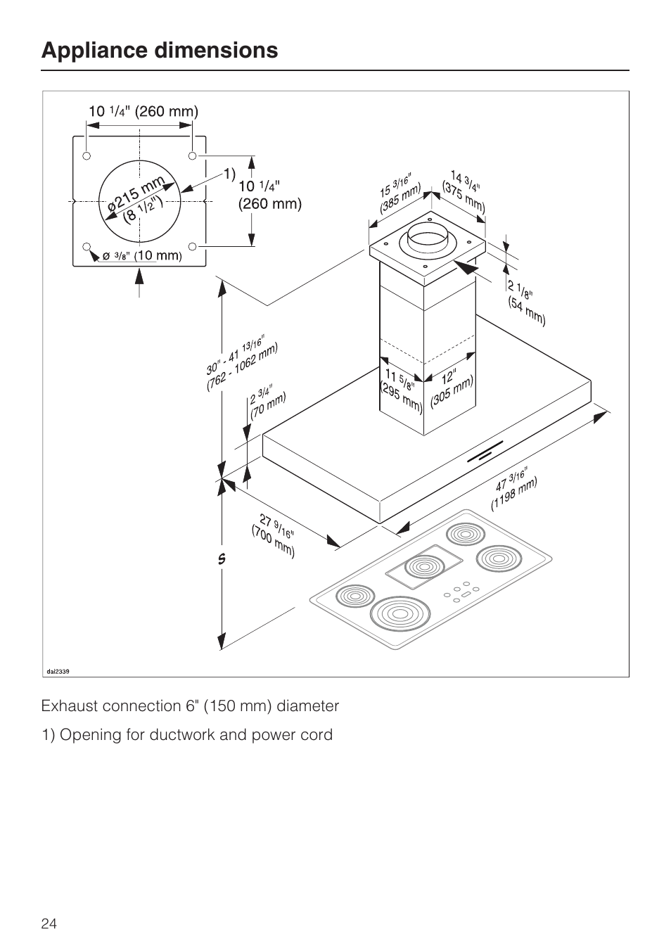 Appliance dimensions 24, Appliance dimensions | Miele DA 424 V User Manual | Page 24 / 36