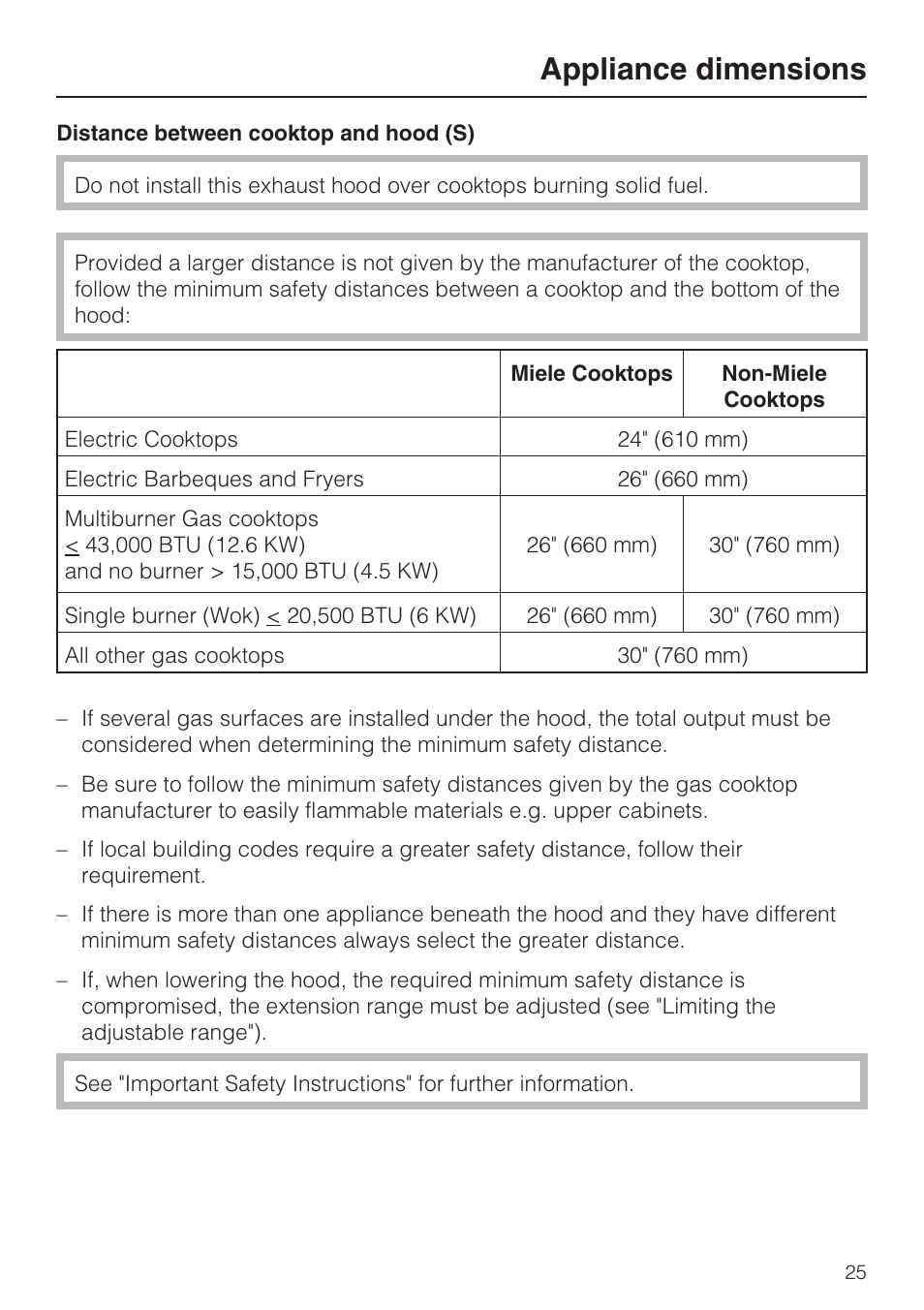 Appliance dimensions | Miele DA 424 V User Manual | Page 25 / 36