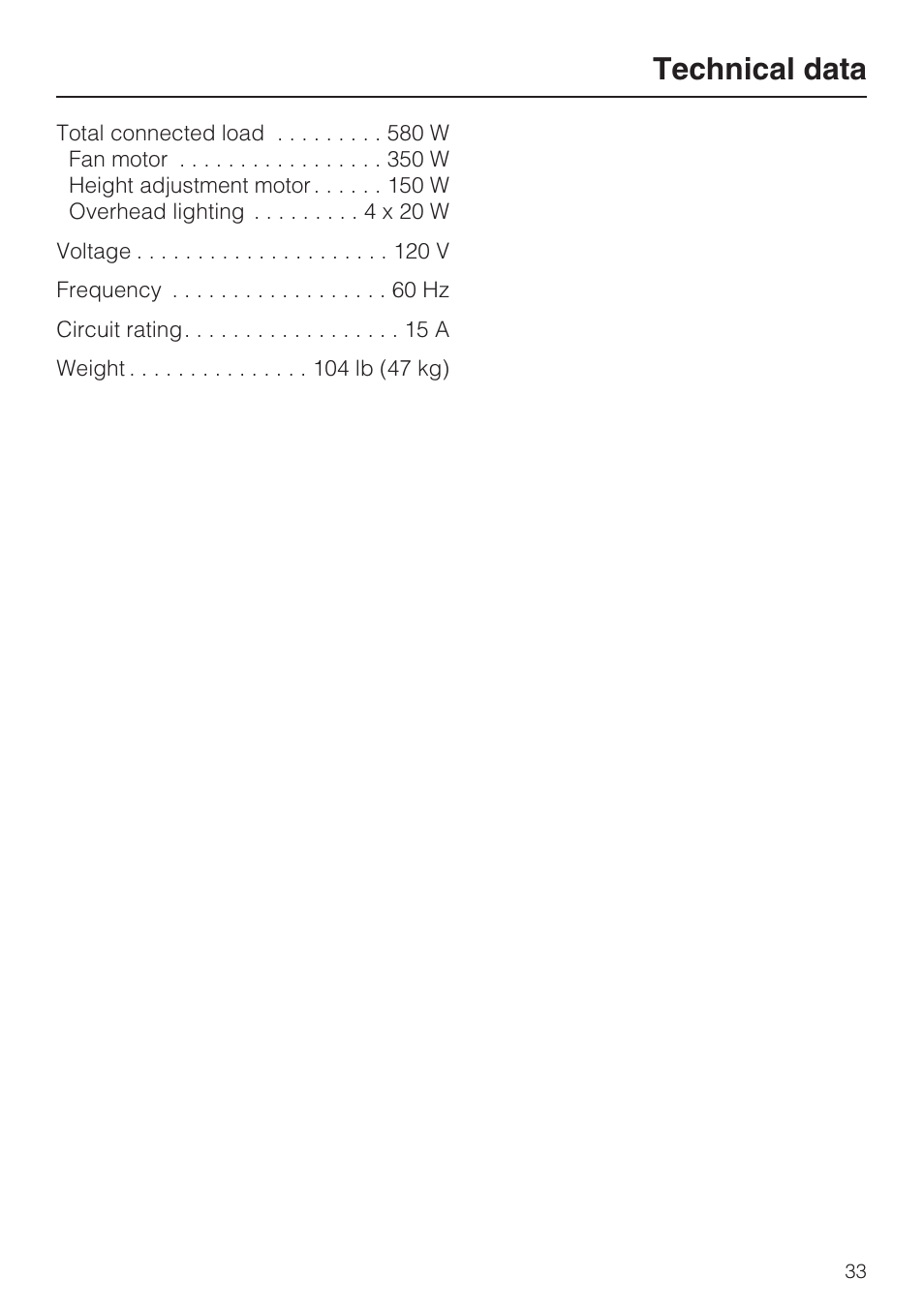 Technical data 33, Technical data | Miele DA 424 V User Manual | Page 33 / 36