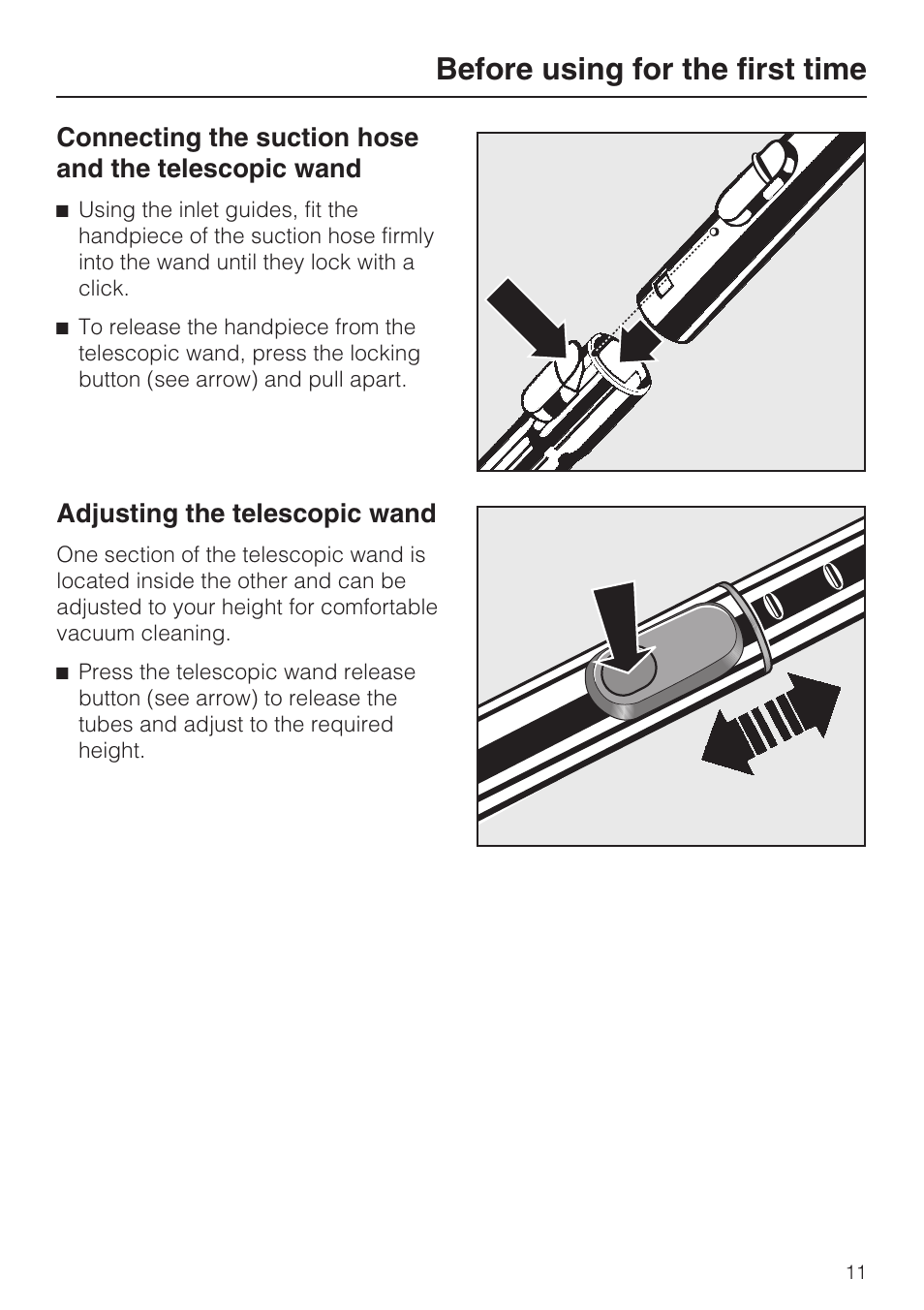 Before using for the first time, Adjusting the telescopic wand | Miele S 500 User Manual | Page 11 / 44