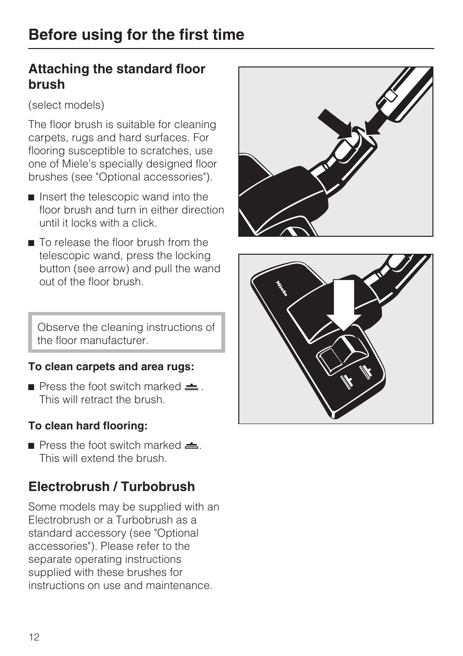 Before using for the first time, Attaching the standard floor brush, Electrobrush / turbobrush | Miele S 500 User Manual | Page 12 / 44