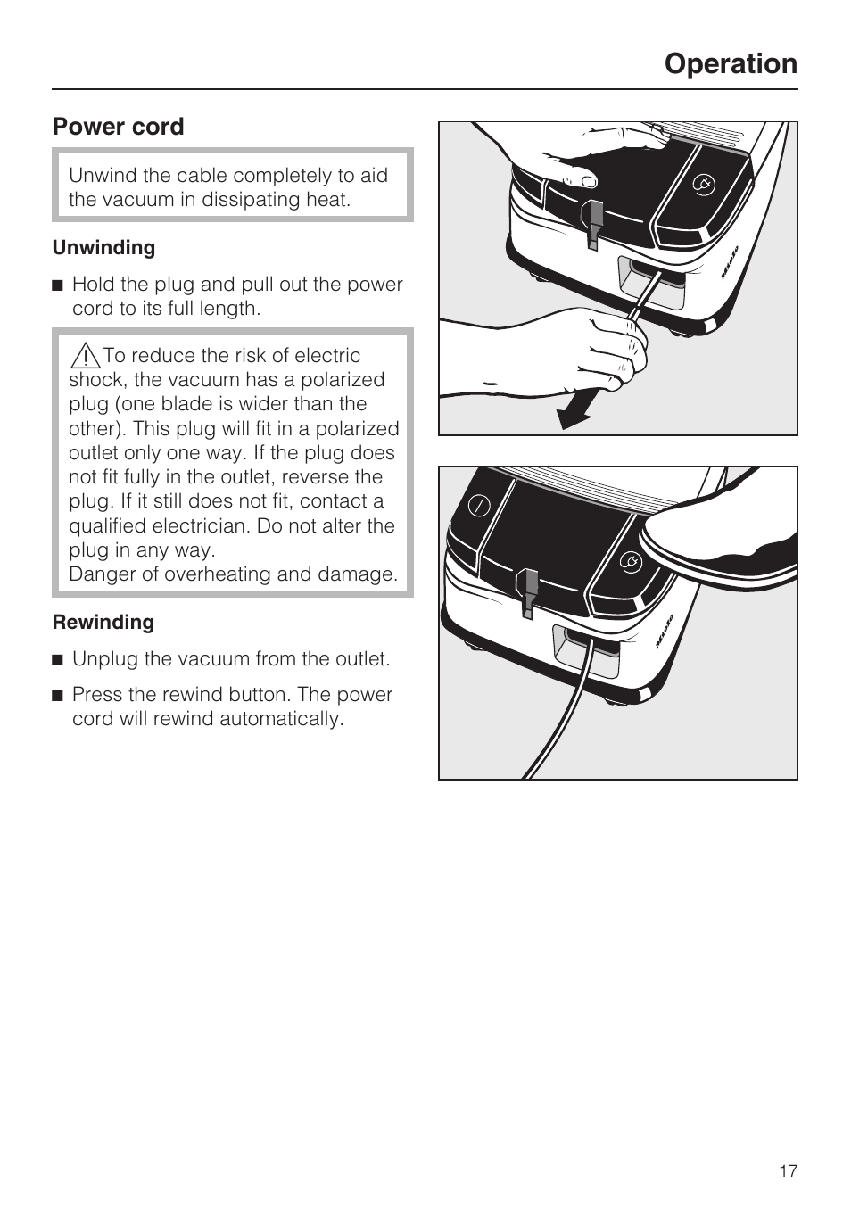 Operation 17, Power cord 17, Operation | Miele S 500 User Manual | Page 17 / 44