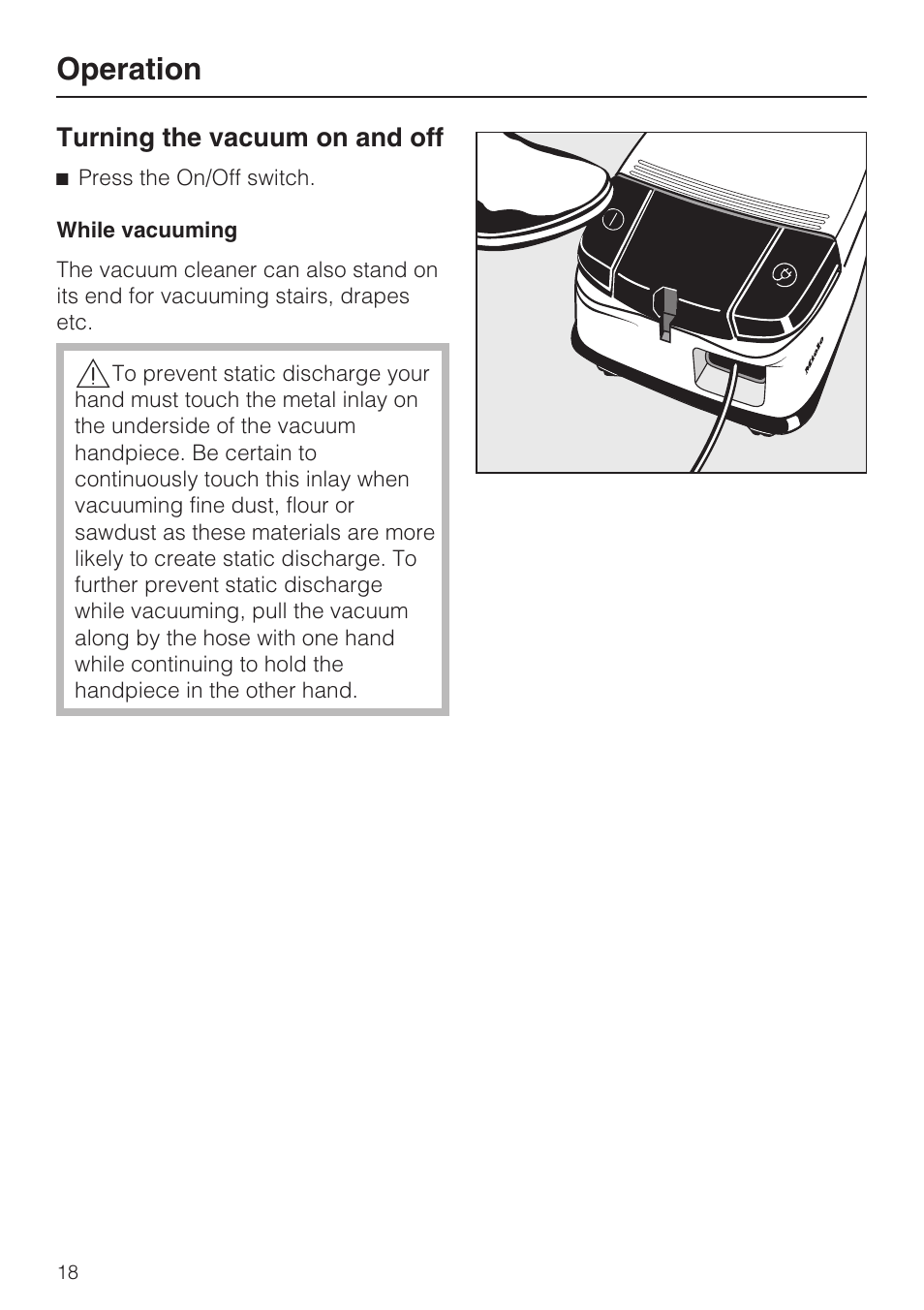 Turning the vacuum on and off 18, Operation | Miele S 500 User Manual | Page 18 / 44