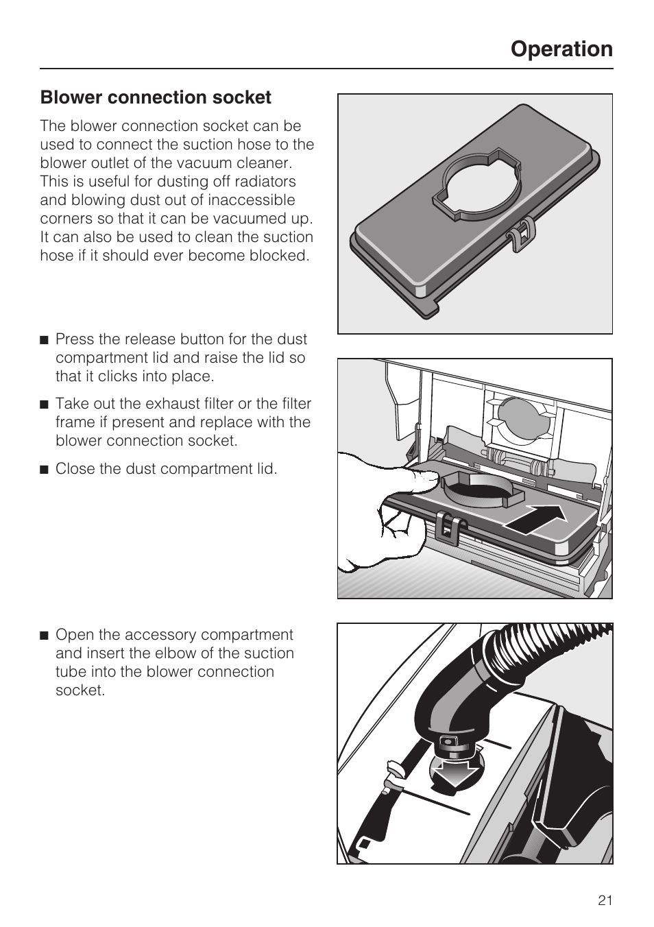 Blower connection socket 21, Operation, Blower connection socket | Miele S 500 User Manual | Page 21 / 44