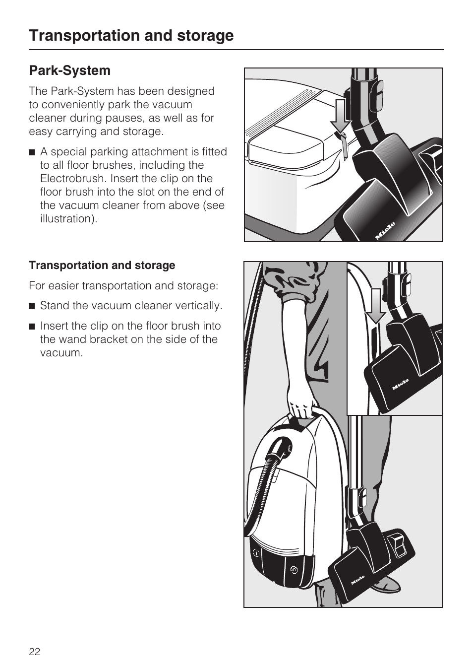 Transportation and storage 22, Transportation and storage, Park-system | Miele S 500 User Manual | Page 22 / 44