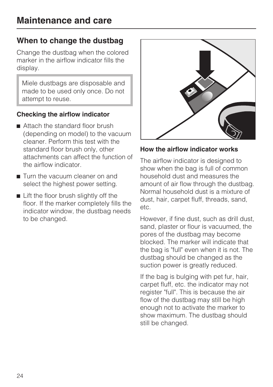 When to change the dustbag 24, Maintenance and care, When to change the dustbag | Miele S 500 User Manual | Page 24 / 44