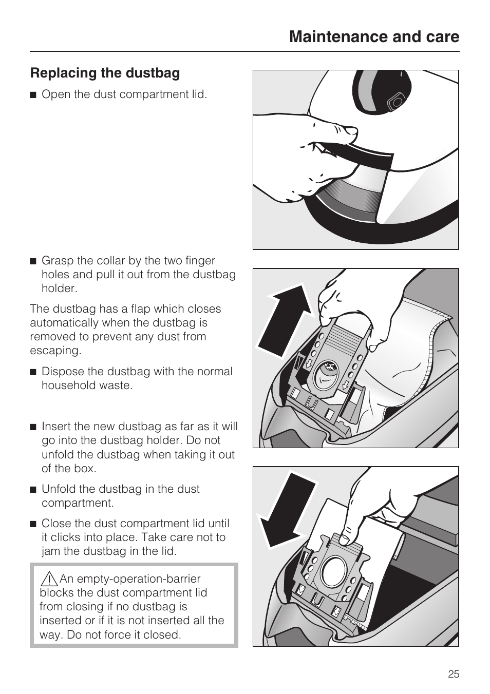 Replacing the dustbag 25, Maintenance and care, Replacing the dustbag | Miele S 500 User Manual | Page 25 / 44