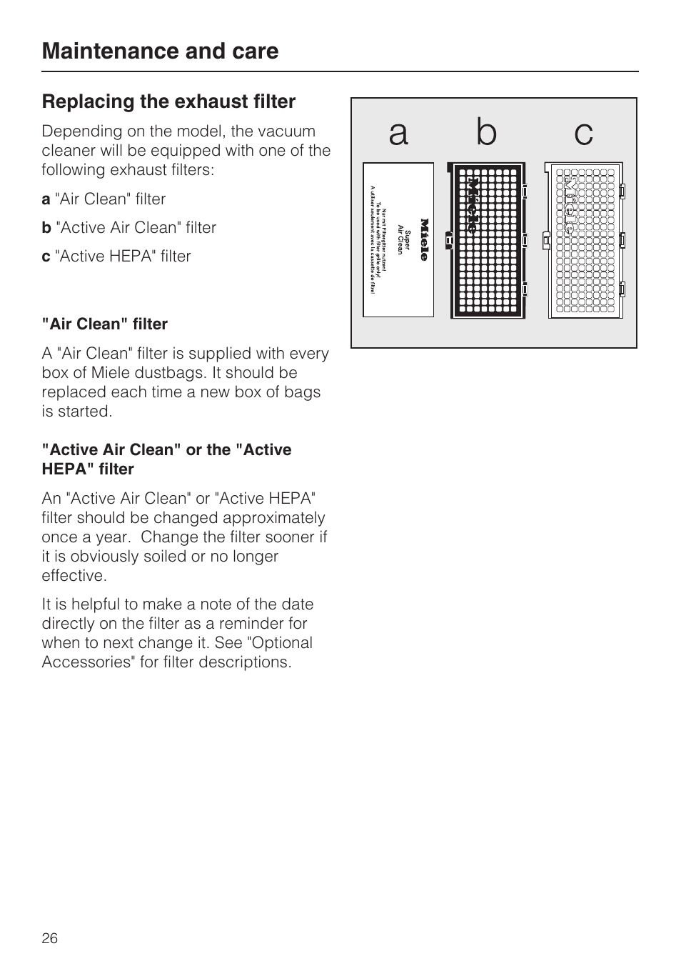 Replacing the exhaust filter 26, Maintenance and care, Replacing the exhaust filter | Miele S 500 User Manual | Page 26 / 44