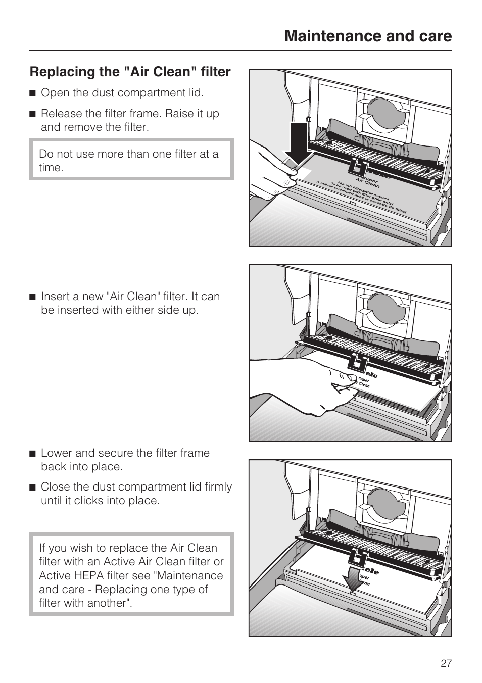 Replacing the "air clean" filter 27, Maintenance and care, Replacing the "air clean" filter | Miele S 500 User Manual | Page 27 / 44