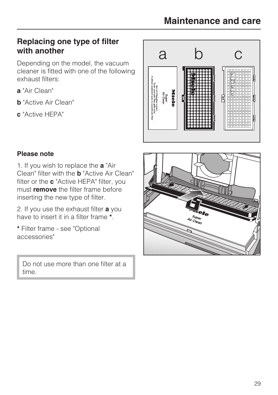 Replacing one type of filter with another 29, Maintenance and care, Replacing one type of filter with another | Miele S 500 User Manual | Page 29 / 44