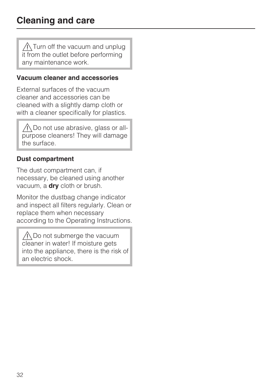 Cleaning and care 32, Cleaning and care | Miele S 500 User Manual | Page 32 / 44