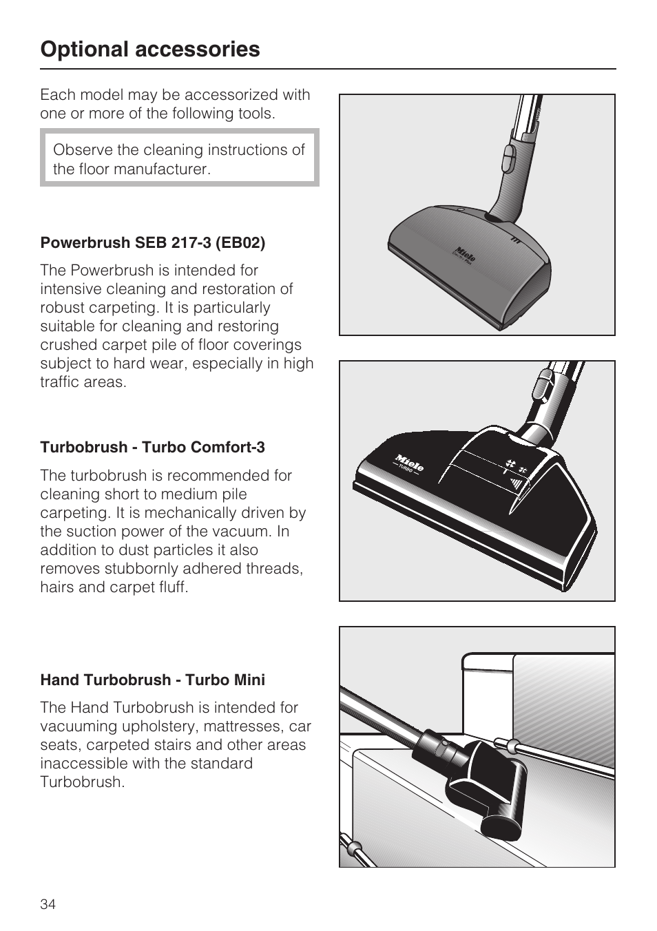 Optional accessories 34, Optional accessories | Miele S 500 User Manual | Page 34 / 44