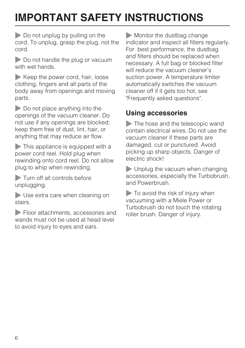 Important safety instructions | Miele S 500 User Manual | Page 6 / 44