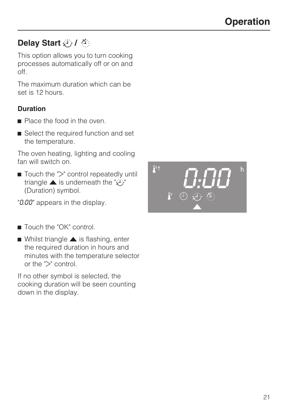 Delay start t / s 21, Duration 21, Operation | Miele H 4844 BP User Manual | Page 21 / 68