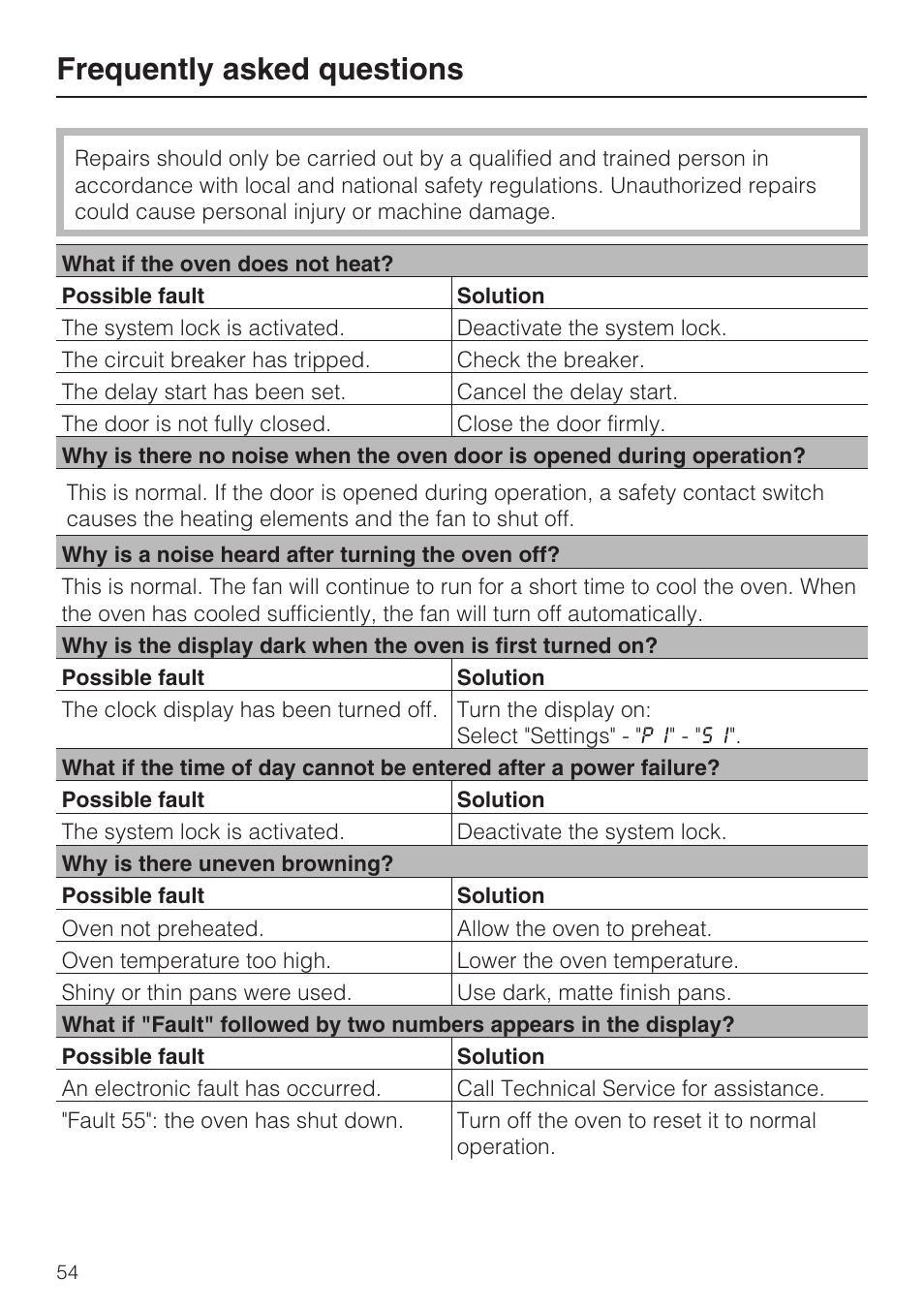 Frequently asked questions 54, Frequently asked questions | Miele H 4844 BP User Manual | Page 54 / 68