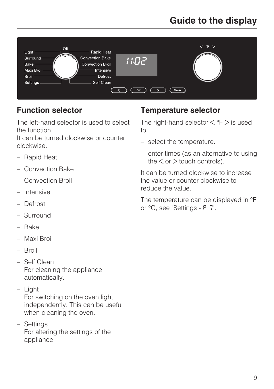 Guide to the display 9, Function selector 9, Temperature selector 9 | Guide to the display, Function selector, Temperature selector | Miele H 4844 BP User Manual | Page 9 / 68