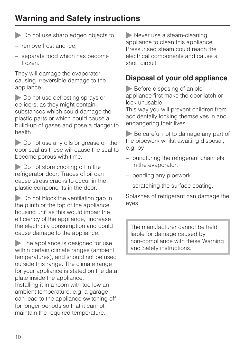 Warning and safety instructions | Miele Refrigerator with Dynamic cooling K9752 User Manual | Page 10 / 52