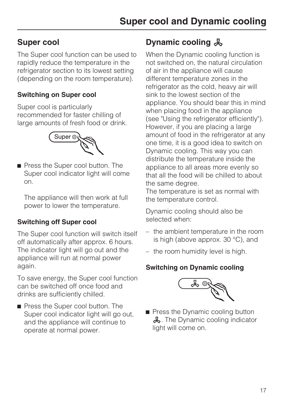 Super cool and dynamic cooling 17, Super cool 17, Dynamic cooling m 17 | Super cool and dynamic cooling, Super cool, Dynamic cooling m | Miele Refrigerator with Dynamic cooling K9752 User Manual | Page 17 / 52