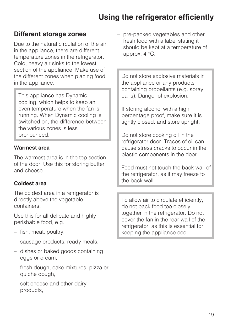 Using the refrigerator efficiently 19, Different storage zones 19, Using the refrigerator efficiently | Different storage zones | Miele Refrigerator with Dynamic cooling K9752 User Manual | Page 19 / 52
