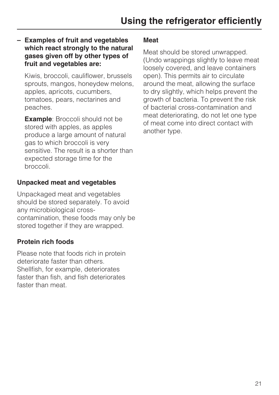 Unpacked meat and vegetables 21, Protein rich foods 21, Meat 21 | Using the refrigerator efficiently | Miele Refrigerator with Dynamic cooling K9752 User Manual | Page 21 / 52