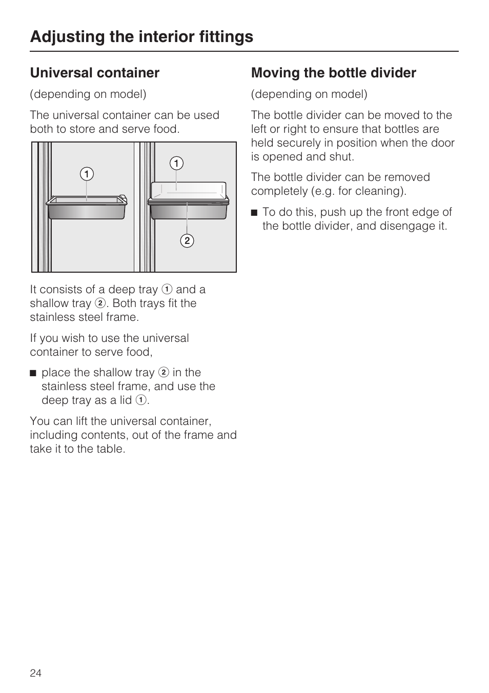 Moving the bottle divider 24, Adjusting the interior fittings, Universal container | Moving the bottle divider | Miele Refrigerator with Dynamic cooling K9752 User Manual | Page 24 / 52