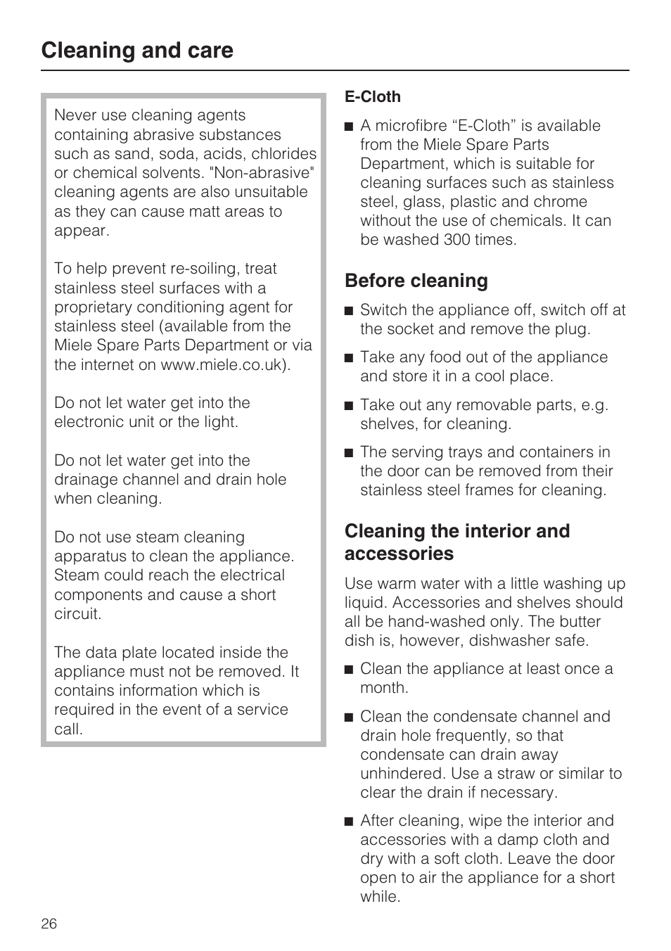 Cleaning and care 26, Cleaning the interior and accessories 26, Cleaning and care | Before cleaning, Cleaning the interior and accessories | Miele Refrigerator with Dynamic cooling K9752 User Manual | Page 26 / 52