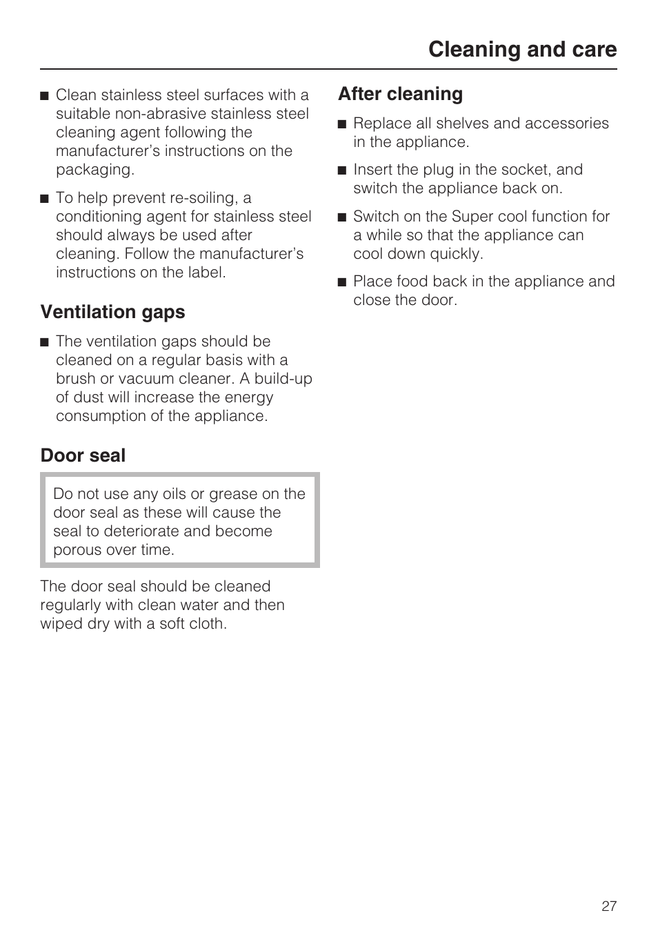 Ventilation gaps 27, Door seal 27, Cleaning and care | Ventilation gaps, Door seal, After cleaning | Miele Refrigerator with Dynamic cooling K9752 User Manual | Page 27 / 52
