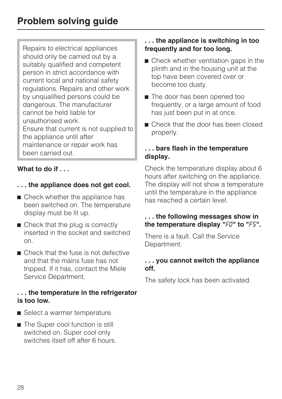 Problem solving guide 28, Problem solving guide | Miele Refrigerator with Dynamic cooling K9752 User Manual | Page 28 / 52