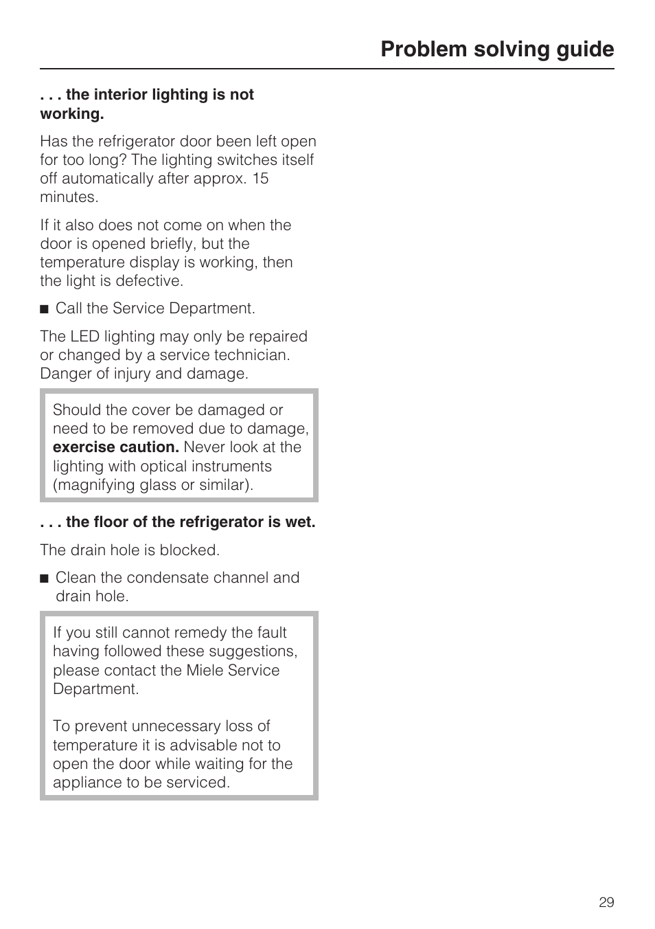 Problem solving guide | Miele Refrigerator with Dynamic cooling K9752 User Manual | Page 29 / 52