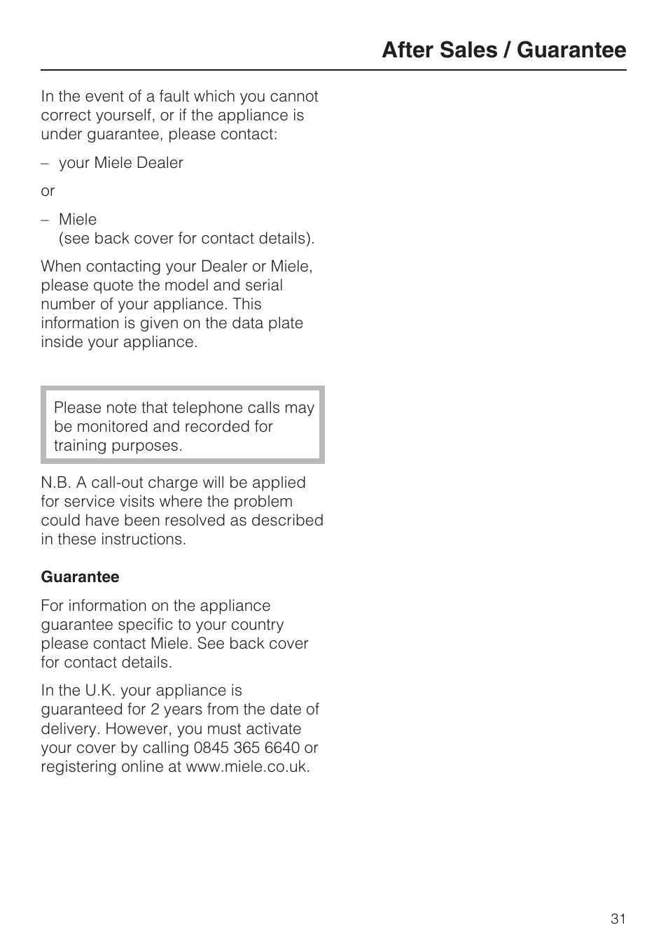 After sales / guarantee 31, After sales / guarantee | Miele Refrigerator with Dynamic cooling K9752 User Manual | Page 31 / 52