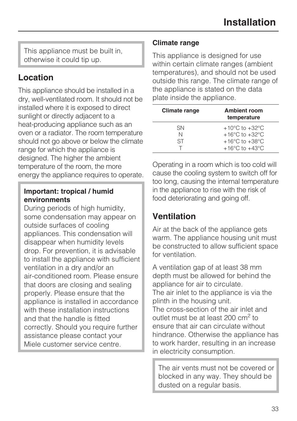 Installation 33, Location 33, Climate range 33 | Ventilation 33, Installation, Location, Ventilation | Miele Refrigerator with Dynamic cooling K9752 User Manual | Page 33 / 52