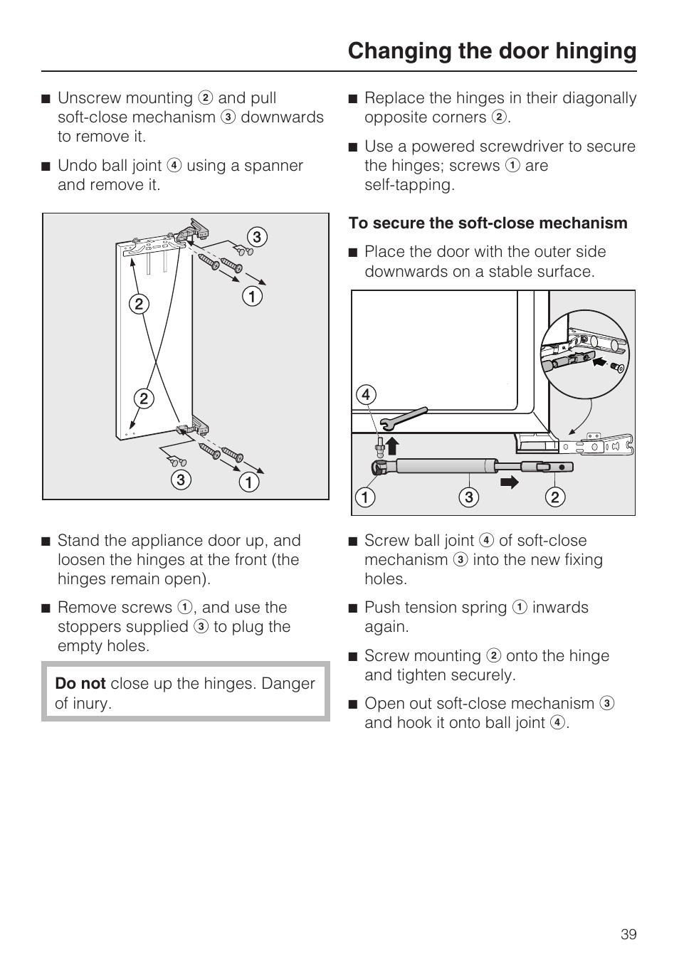 Changing the door hinging | Miele Refrigerator with Dynamic cooling K9752 User Manual | Page 39 / 52