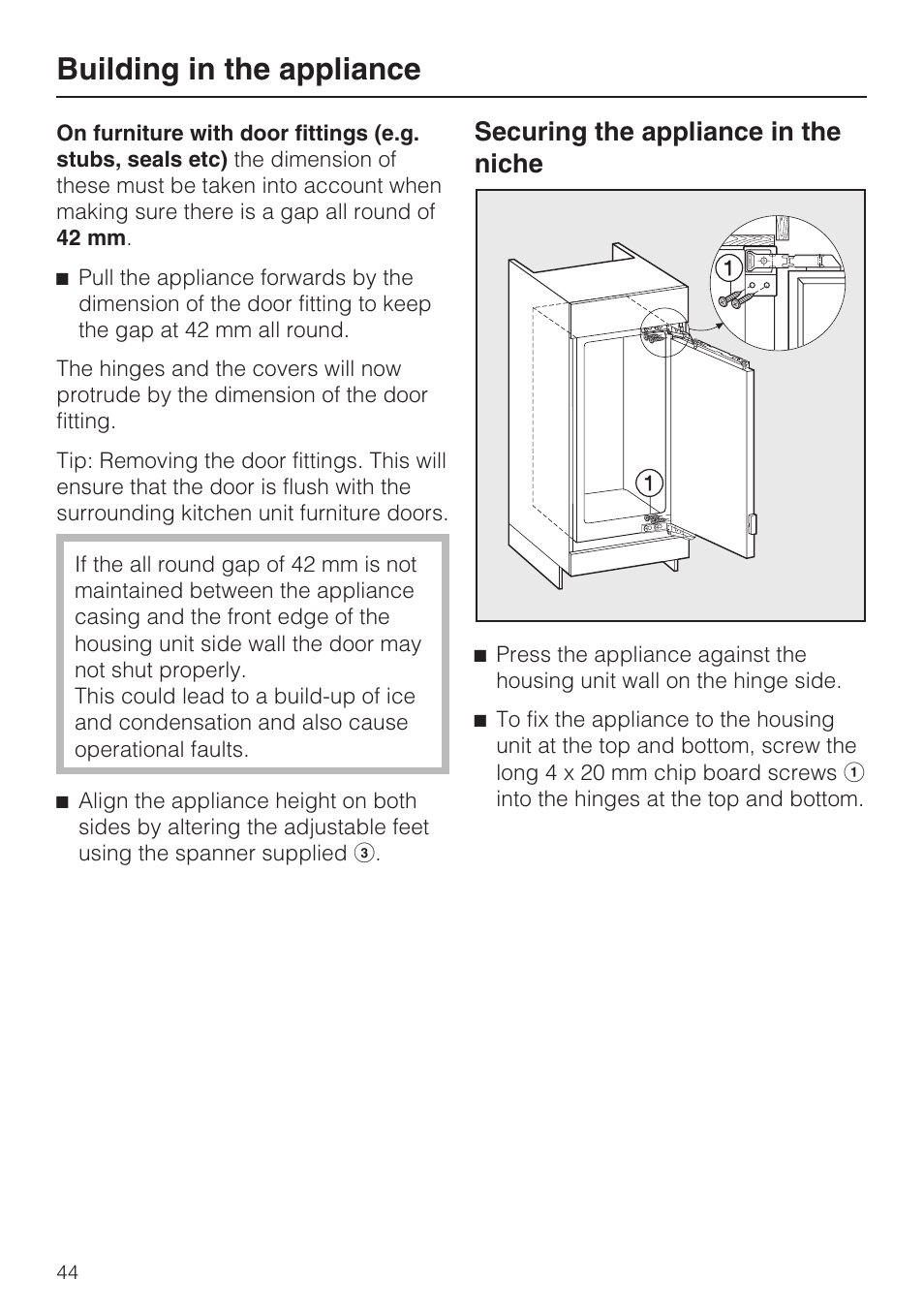 Building in the appliance, Securing the appliance in the niche | Miele Refrigerator with Dynamic cooling K9752 User Manual | Page 44 / 52