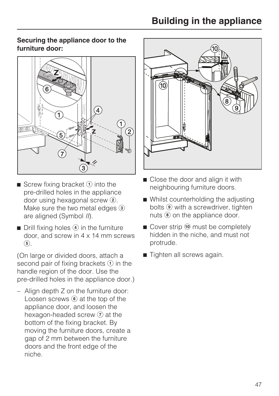 Building in the appliance | Miele Refrigerator with Dynamic cooling K9752 User Manual | Page 47 / 52