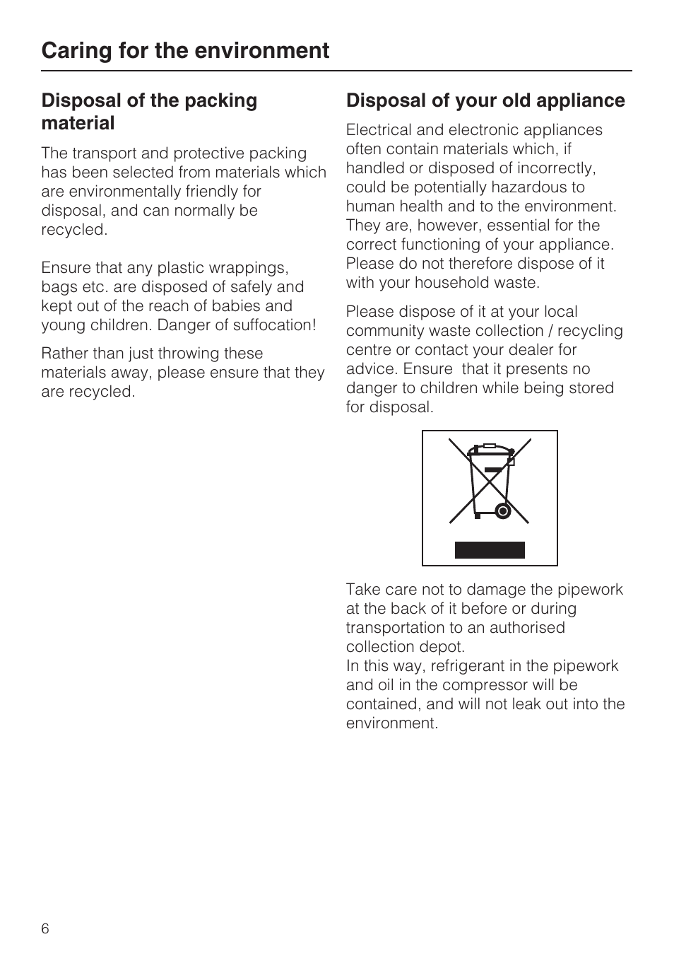 Caring for the environment 6, Caring for the environment | Miele Refrigerator with Dynamic cooling K9752 User Manual | Page 6 / 52