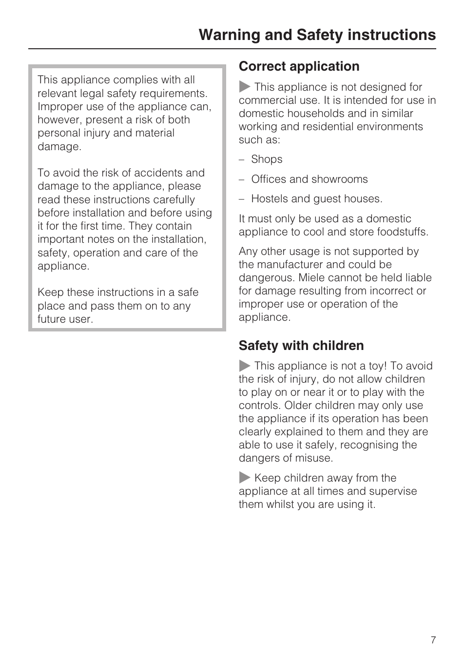 Warning and safety instructions 7, Warning and safety instructions | Miele Refrigerator with Dynamic cooling K9752 User Manual | Page 7 / 52