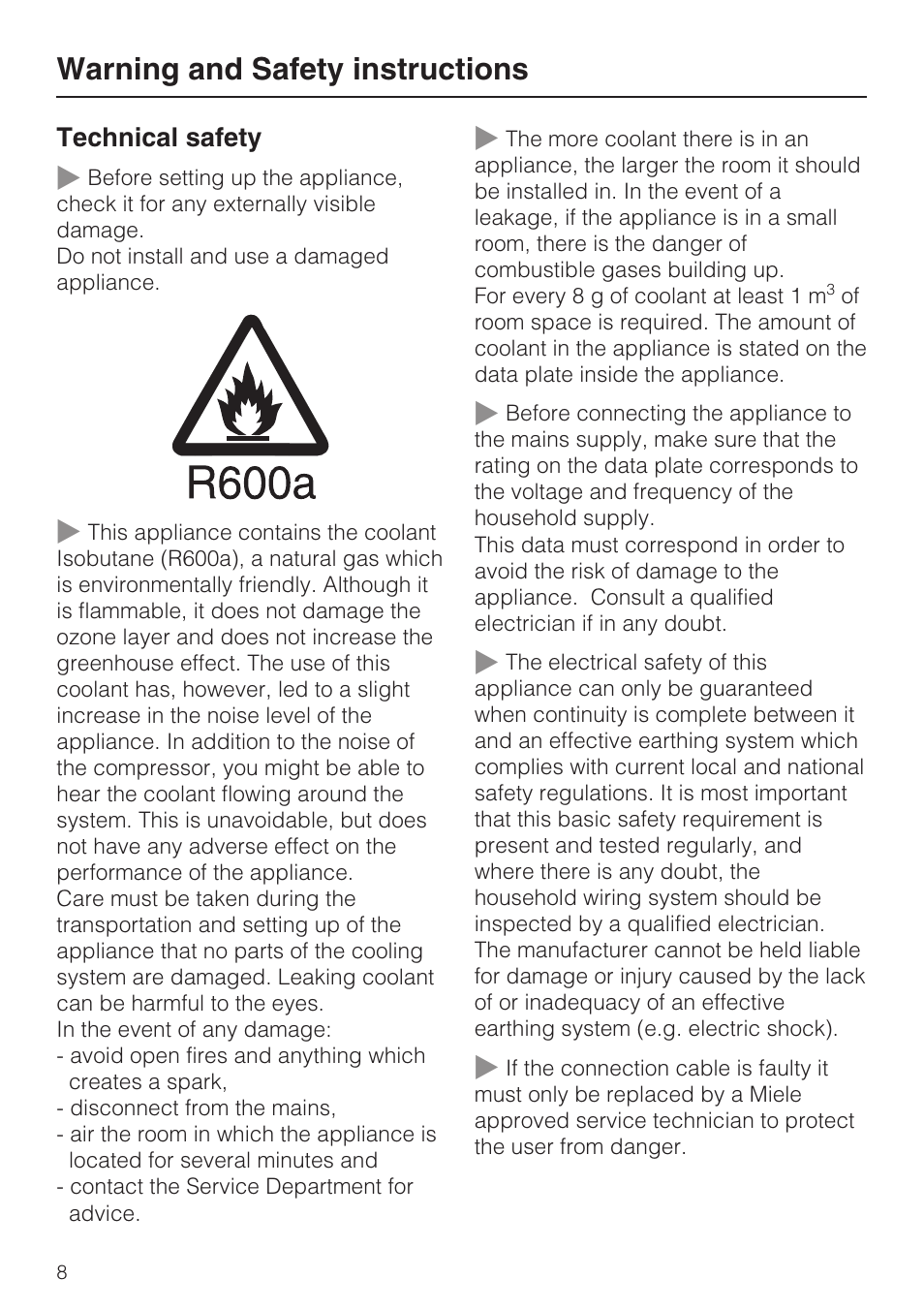 Warning and safety instructions | Miele Refrigerator with Dynamic cooling K9752 User Manual | Page 8 / 52