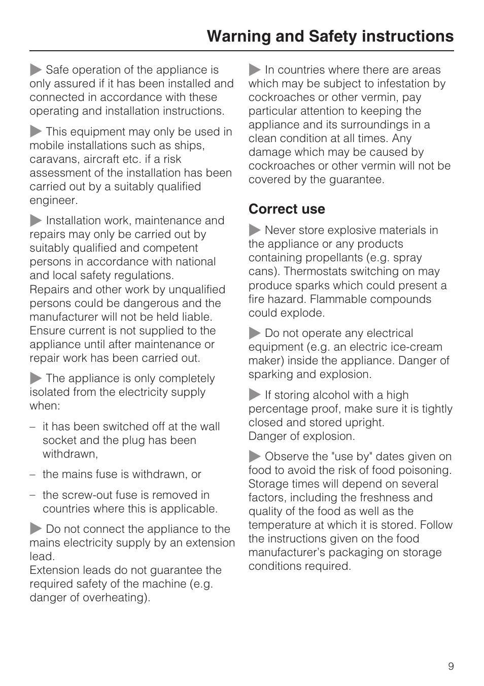 Warning and safety instructions | Miele Refrigerator with Dynamic cooling K9752 User Manual | Page 9 / 52