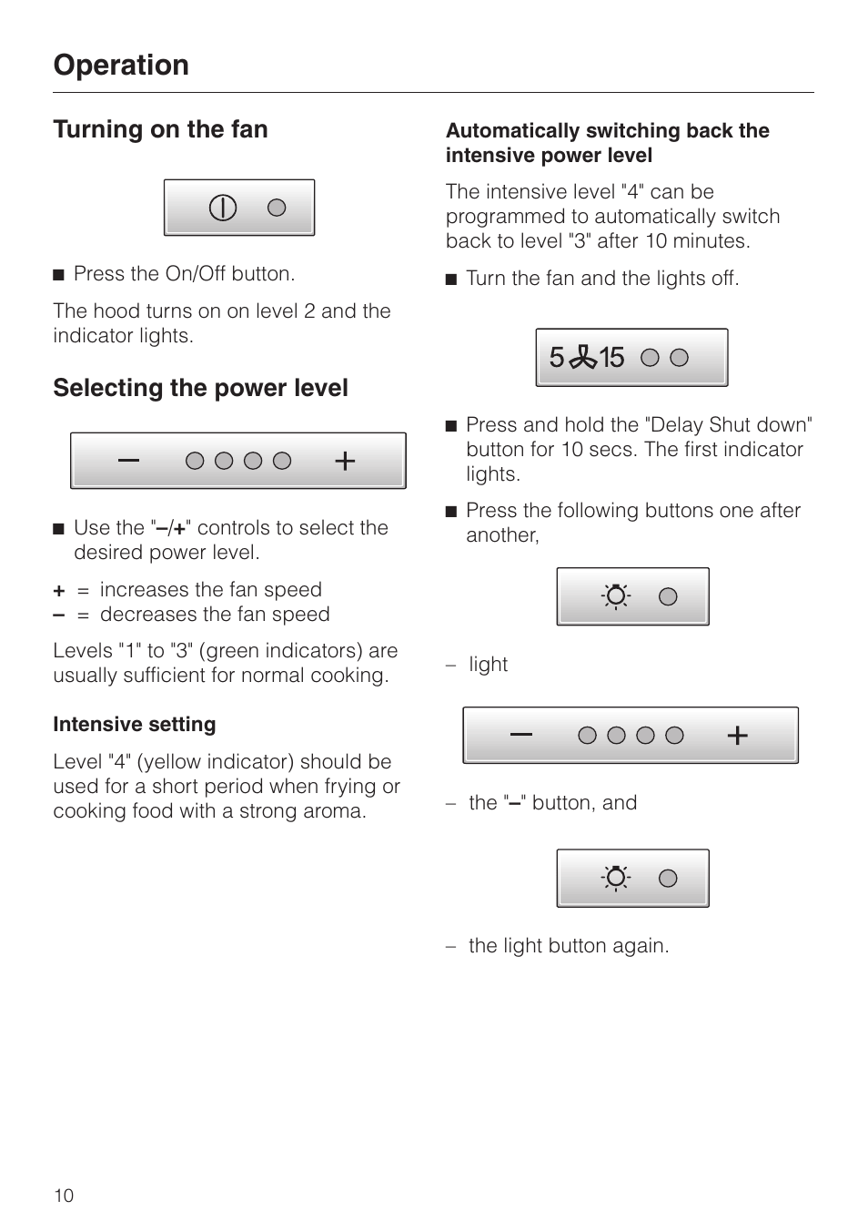 Operation 10, Turning on the fan 10, Selecting the power level 10 | Operation, Turning on the fan, Selecting the power level | Miele DA250-4 User Manual | Page 10 / 32