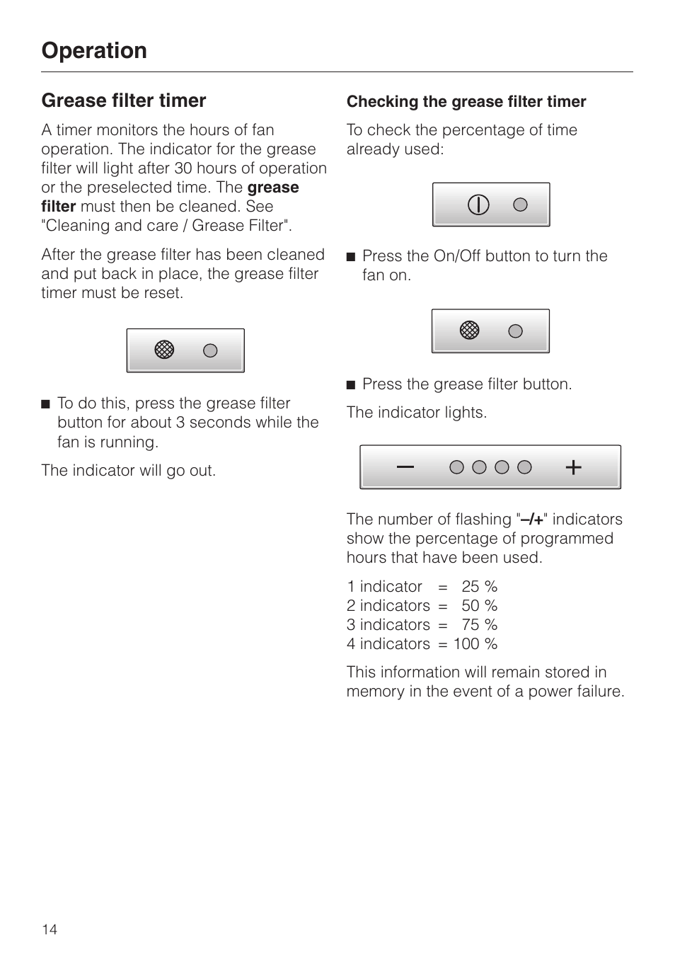 Grease filter timer 14, Operation, Grease filter timer | Miele DA250-4 User Manual | Page 14 / 32
