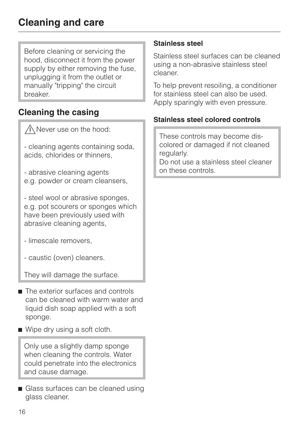 Cleaning and care 16, Cleaning the casing 16, Cleaning and care | Cleaning the casing | Miele DA250-4 User Manual | Page 16 / 32