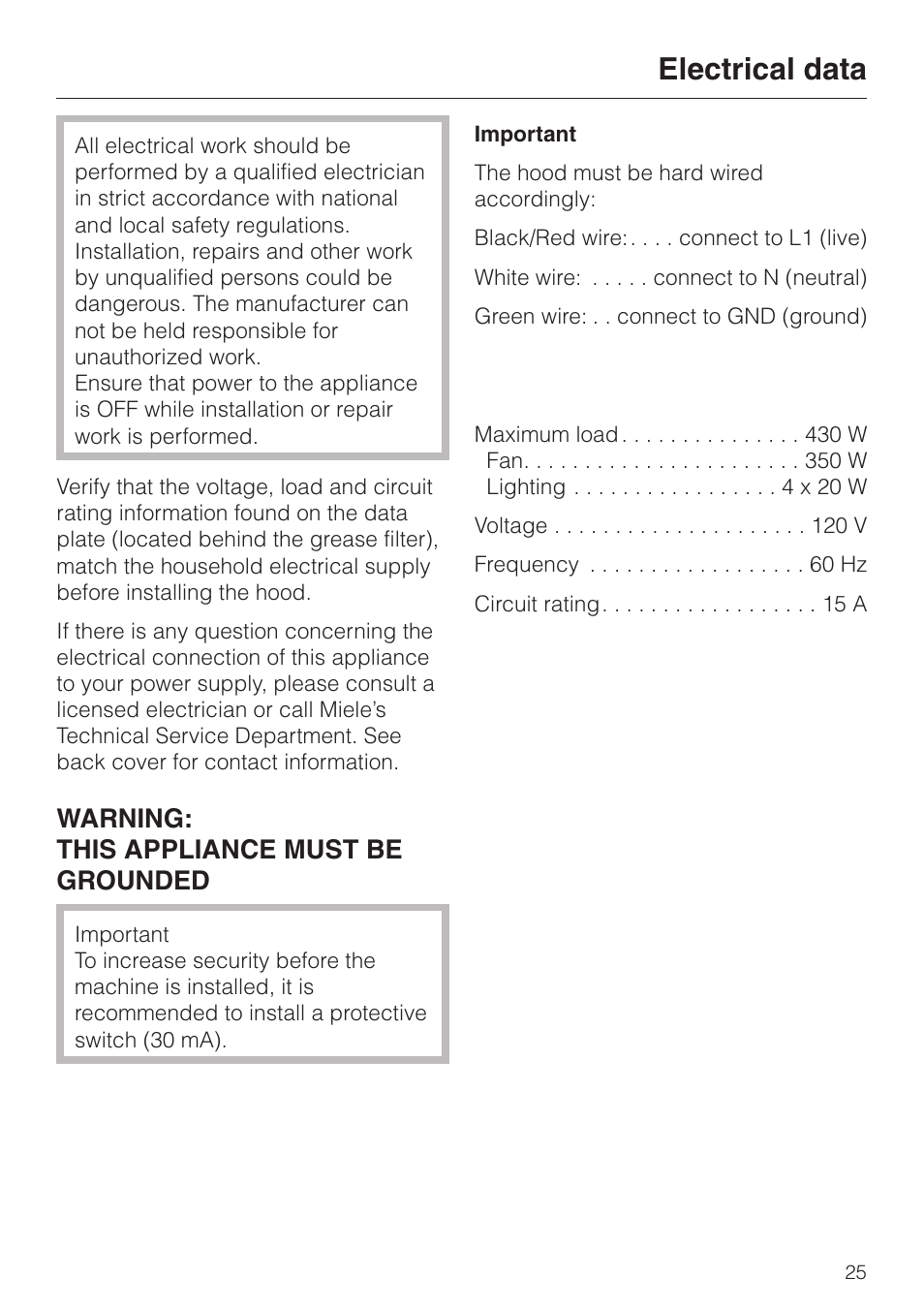 Electrical data 25, Electrical data, Warning: this appliance must be grounded | Miele DA250-4 User Manual | Page 25 / 32