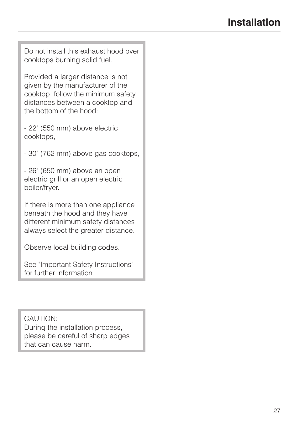 Installation 27, Installation | Miele DA250-4 User Manual | Page 27 / 32