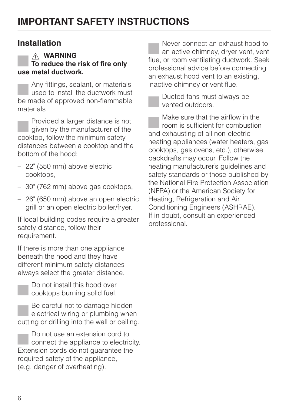 Important safety instructions, Installation | Miele DA250-4 User Manual | Page 6 / 32