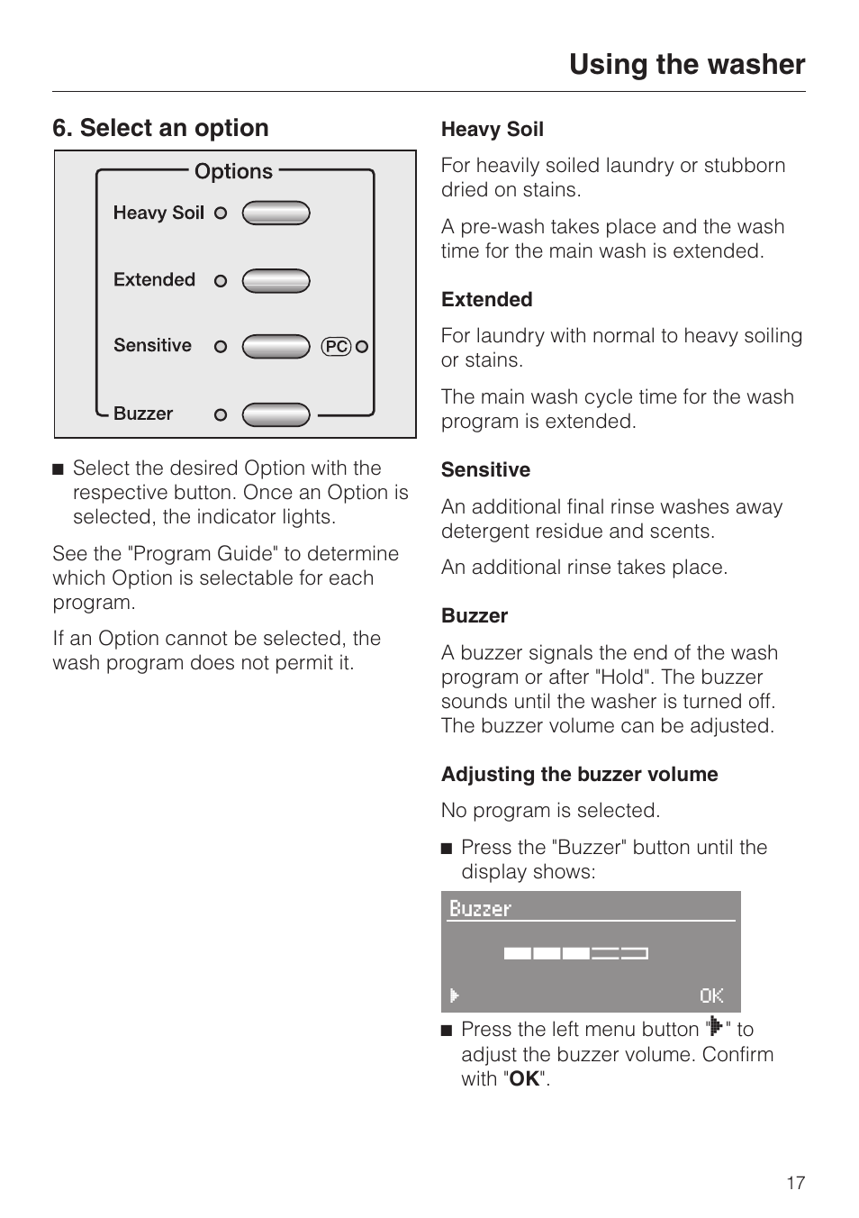 Selecting an option 17, Using the washer, Select an option | Miele W3033 User Manual | Page 17 / 60