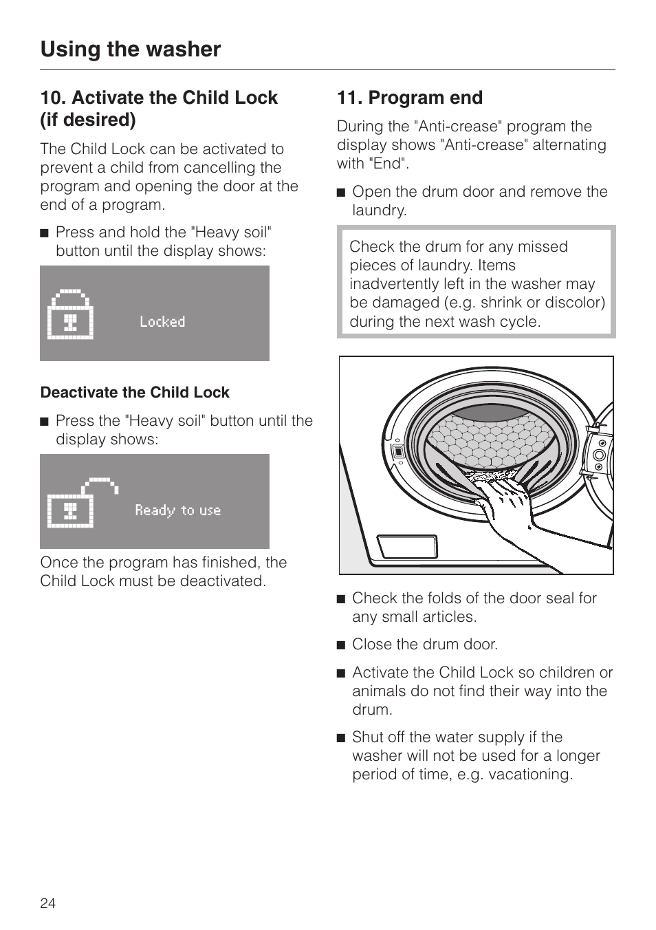 Activate the child lock (if desired) 24, Program end 24, Using the washer | Miele W3033 User Manual | Page 24 / 60