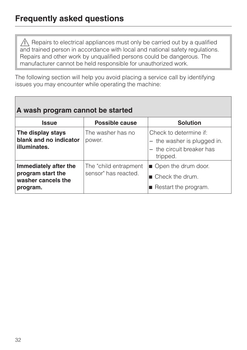 Frequently asked questions 32, A wash program cannot be started 32, Frequently asked questions | A wash program cannot be started | Miele W3033 User Manual | Page 36 / 60